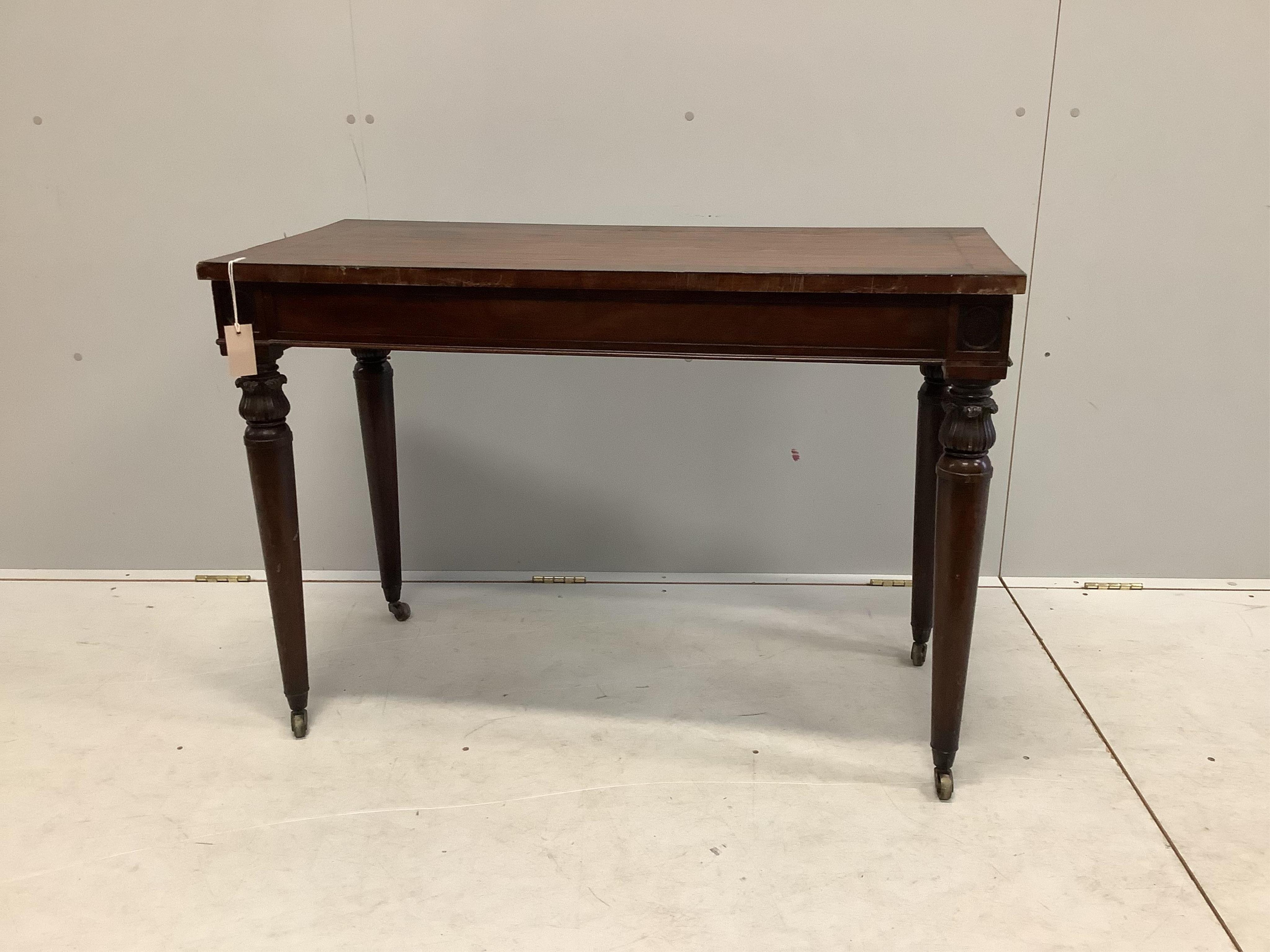 A George III rectangular mahogany side table, width 106cm, depth 48cm, height 73cm. Condition - fair